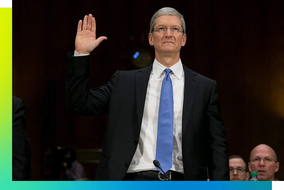 Tim Cook, chief executive officer of Apple Inc., swears in to a Senate Permanent Subcommittee on Investigations hearing in Washington, D.C., U.S., on Tuesday, May 21, 2013. Cook will face off against U.S. senators leveling accusations the iPhone maker has created a web of offshore entities to avoid paying billions of dollars in U.S. taxes. Photographer: 