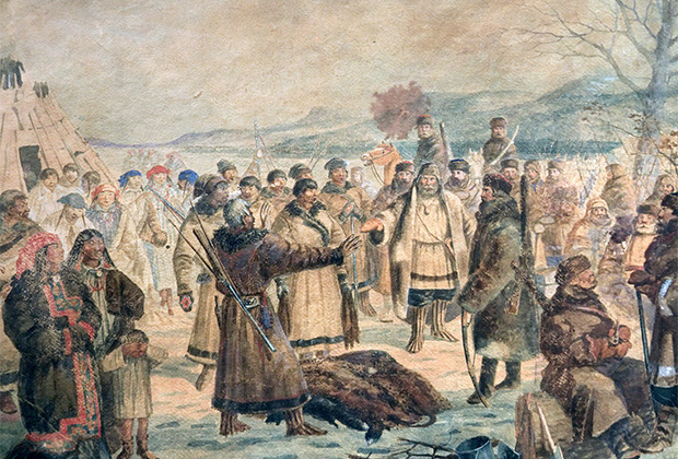 Неизвестный художник «Сбор ясака казаками Енисейской губернии», XIX век
