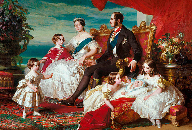 Королева Виктория с семьей (принцем Альбертом и детьми Альфредом, Эдуардом, Алисой, Еленой и Викторией) на картине Франца Ксавера Винтерхальтера,1846 год