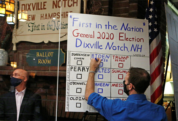 Заполнение таблицы после голосования в маленькой деревне Диксвилл-Нотч в штате Нью-Гэмпшир