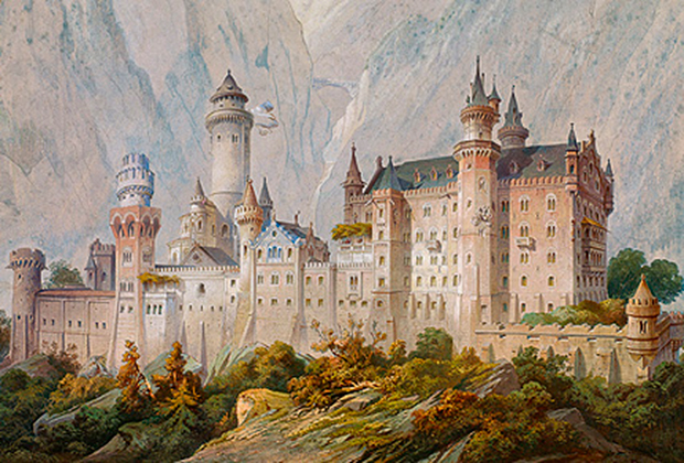 Живописная ведута (вид) замка Нойшванштайн работы Кристиана Янка, 1869 год