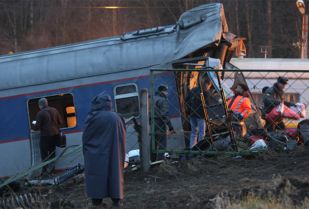 27 ноября 2009 года. Последствия подрыва пассажирского поезда «Невский экспресс» (перегон Угловка — Алешинка)