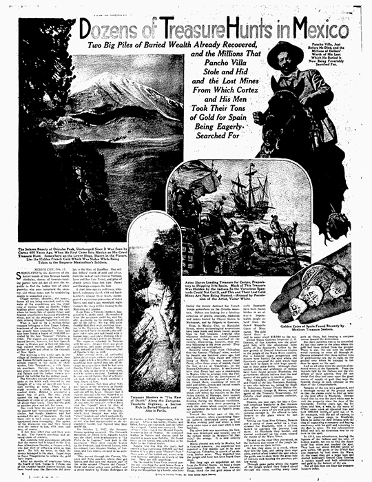 Статья об искателях сокровищ Панчо Вильи в San Antonio Light, 1928 год
