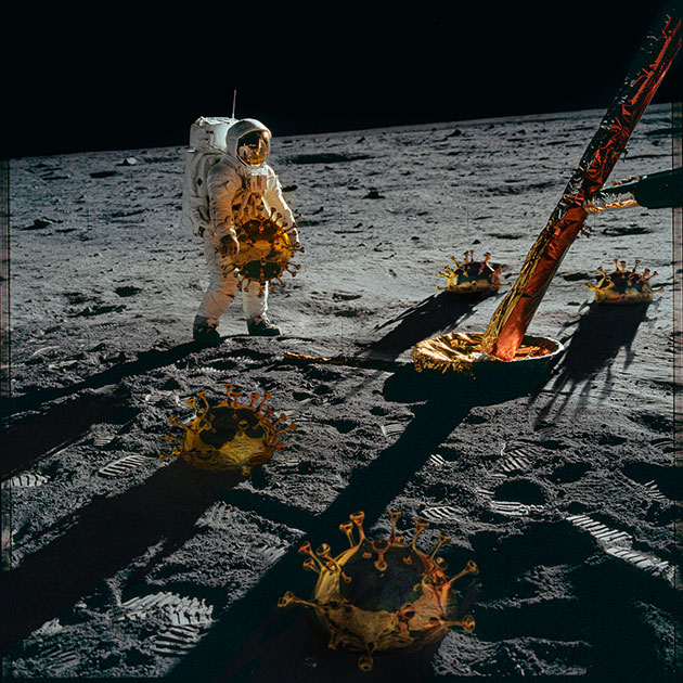 Марк Гамильтон Грючи (Mark Hamilton Gruchy) из Великобритании взял за основу снимки НАСА, сделанные во время высадки на Луну по программе «Аполлон». Этой работой он хотел показать, что, может быть, спутник Земли и остался неизменным со времен последнего появления человека на его поверхности, но сама Земля необратимо меняется. Для визуализации этих перемен он переосмыслил визит человека на Луну и пофантазировал, как бы выглядело распространение коронавируса по ее поверхности.