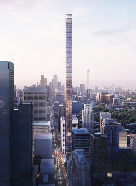 Обилие проектов в Торонто сделало город одной из самых популярных площадок для возведения небоскребов. Местная студия Quadrangle и швейцарское архитектурное бюро Herzog &amp; de Meuron Architekten бросили себе вызов построить супертонкий небоскреб высотой в 324 метра, или 87 этажей. Узкую конструкцию создадут за счет пропорций — высота небоскреба почти в три раза превысит ширину.Экспериментировать с текстурами и материалами архитекторы не стали — башню облицуют стеклом, чтобы из панорамных окон наблюдать за городом. Пока разработчики представили только план сооружения, однако дизайнеры уже позаботились об интерьере — все окна небоскреба закроют регулируемыми деревянными жалюзи. Первые 16 этажей башни отдадут под офисы, на остальных оборудуют жилые апартаменты, а наверху откроют ресторан.