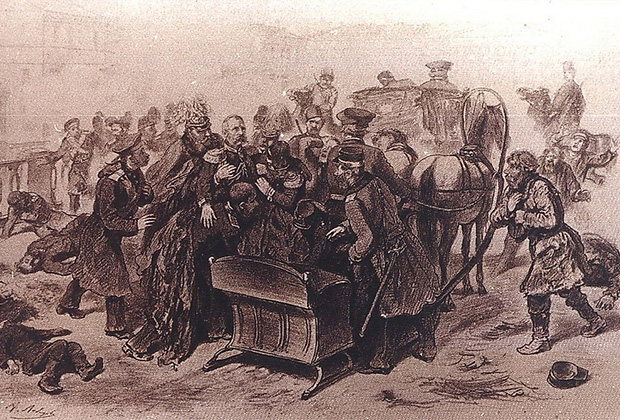 Покушение на Александра II на набережной Екатерининского канала в Санкт-Петербурге. Смертельно раненного императора укладывают в сани
