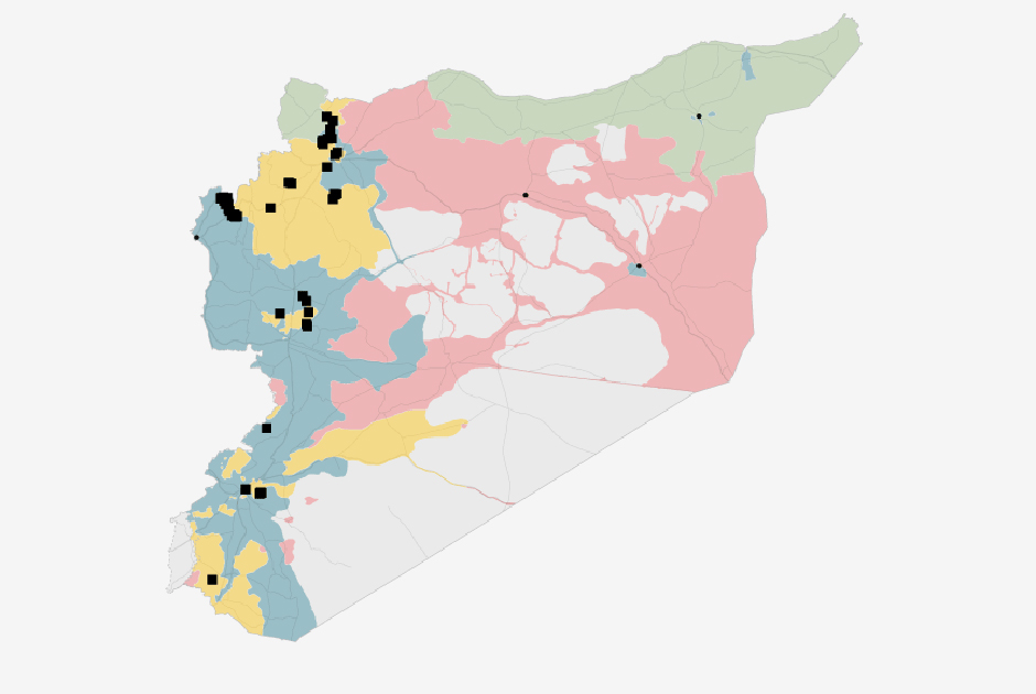 Февраль 2016-го. Позиции группировки «Хайат Тахрир аш-Шам» (черные точки). Синим на карте отмечены территории под контролем правительства, зеленым — под контролем курдских сил, желтым — вооруженной оппозиции, красным — ИГ