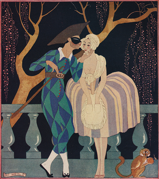 Арлекин в комбинезоне. С картины La Finette художника Жоржа Барбье, 1927 год