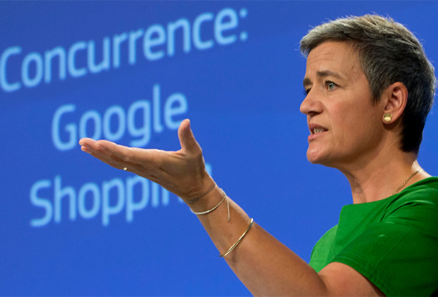 European Union Commissioner for Competition Margrethe Vestager speaks during a media conference at EU headquarters in Brussels on Tuesday, June 27, 2017. The European Union's competition watchdog has fined internet giant Google over its online shopping service.