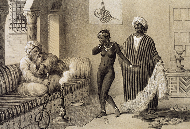 Чернокожую рабыню предлагают в качестве подарка, XIX век