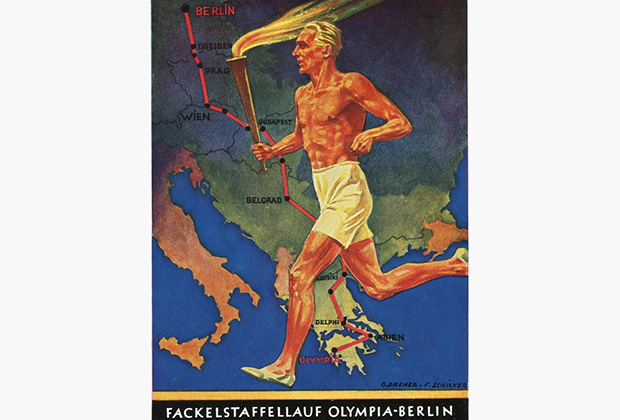 Эстафета Олимпийского огня впервые прошла в 1936 году. На открытке путь олимпийского огня из Афин в Берлин