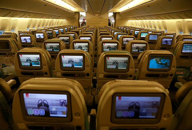 A view of the economy class cabin inside an Emirates Airline Boeing 777-200LR plane following its arrival at Mexico City International Airport during its first route from Dubai via Barcelona to Mexico City, Mexico, December 9, 2019. REUTERS/Henry Romero