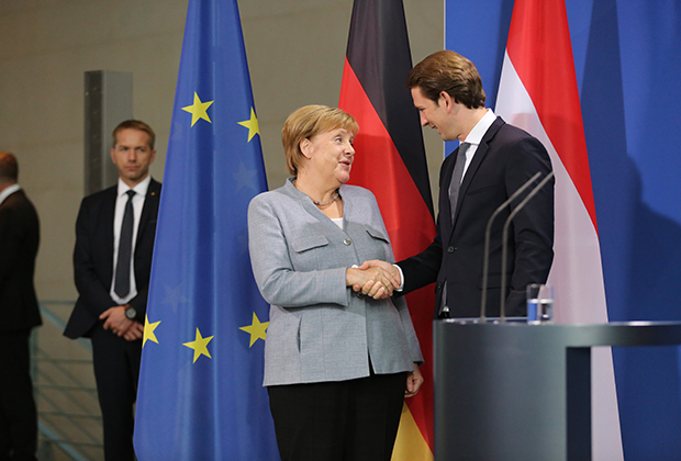 Канцлер Германии Ангела Меркель принимает канцлера Австрии Себастьяна Курца в Федеральной канцелярии, сентябрь 2018 года