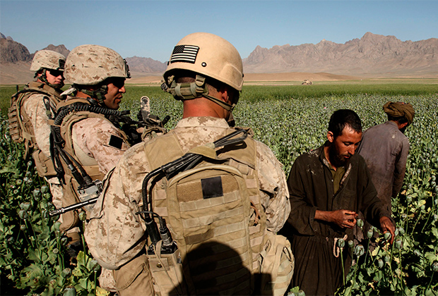 Американские солдаты у макового поля в провинции Фарах