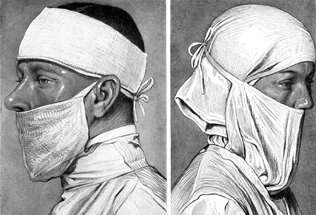 Маски хирургов и медицинских работников в 1920-х. Нос оставлялся открытым специально