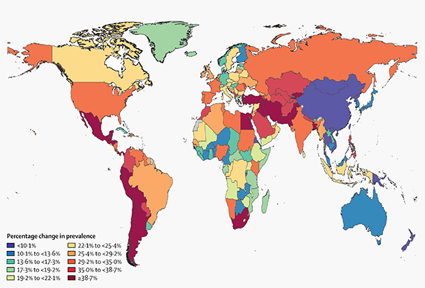 Изменение в распространенности большого депрессивного расстройства по странам, в процентах
