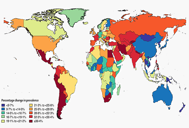 Изменение в распространенности тревожных расстройств по странам, в процентах. Изображение: Elsevier Inc.