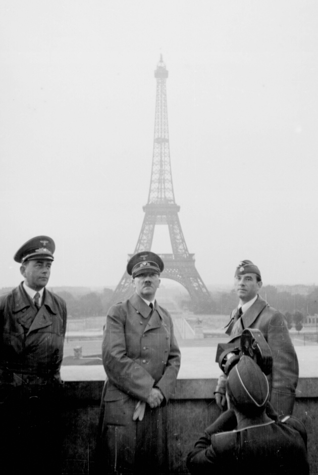 Башня частично пострадала, когда Париж был оккупирован фашистами во время Второй мировой войны, — нацисты перерезали кабели лифтов. В июле 1940 года в Париж приехал Адольф Гитлер. Тогда же он сделал знаменитый кадр на фоне достопримечательности. Французская столица поразила диктатора, поездку он назвал «лучшим моментом» в своей жизни.Спустя четыре года после путешествия Гитлер приказал генералу Дитриху фон Хольтицу, который считался комендантом Парижа, в случае приближения противников уничтожить знаменитые места столицы — Хольтицу необходимо было взорвать и Эйфелеву башню. Однако военный ослушался Гитлера и не выполнил приказ, сохранив наследие Франции. Позже генерал получил неофициальное прозвище спасителя Парижа. 
