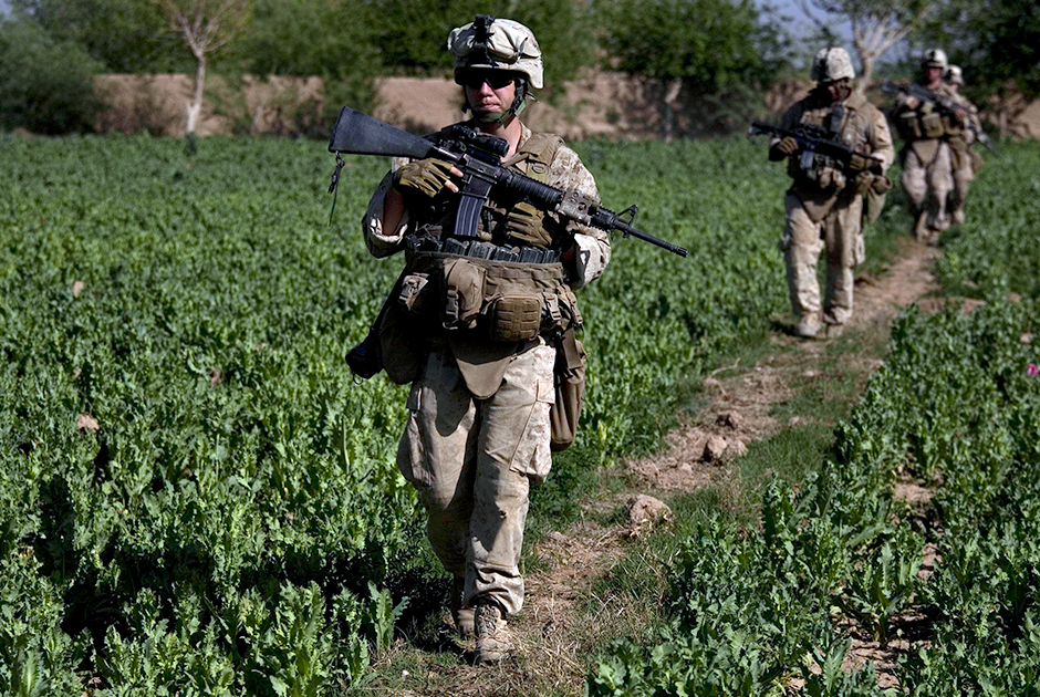 Американские военные проходят через маковое поле в районе Маржа, 2010 год