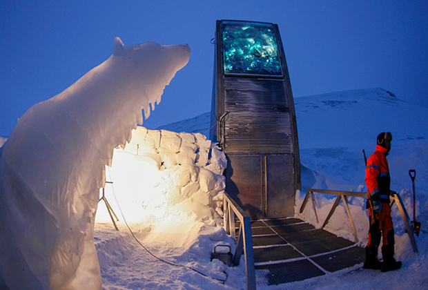 Скульптура белого медведя из льда у входа во Всемирное семенохранилище, Лонгйир, Норвегия
