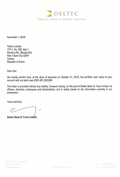 Письмо банка Deltec с подтверждением баланса Tether Limited