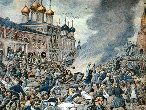 На картине показан погром Чудова монастыря в Кремле бунтующими горожанами