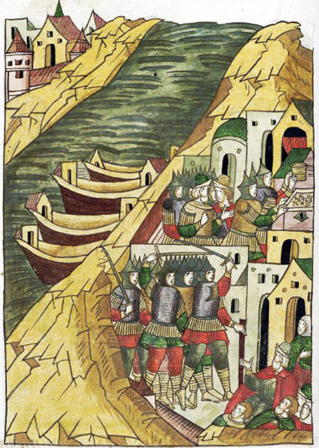 «Ушкуйники захватывают Кострому», Лицевой летописный свод, 1375 год. Изображение: Wikipedia