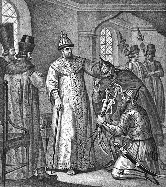 Царю Иоанну IV вручают трофеи, взятые у Девлет-Гирея князем Воротынским, 1572 год
