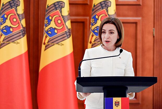 Президент Молдавии Майя Санду выступает во время пресс-конференции с государственным секретарем США Энтони Блинкеном, 6 марта 2022 года