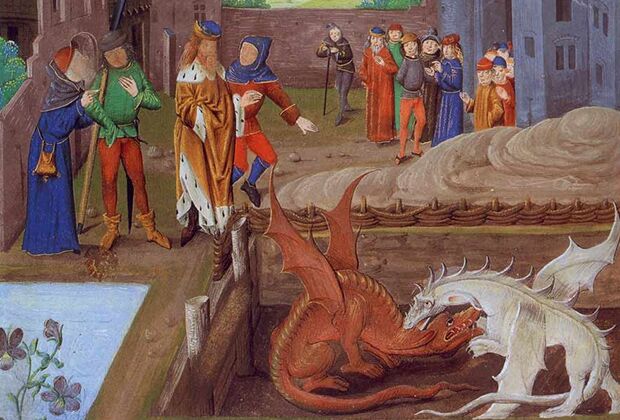 «Король Вортигерн на краю пруда, откуда появляются два дракона». Иллюстрация из Ламбетской Библии