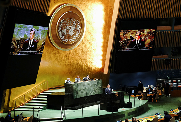 Глава МИД Украины Дмитрий Кулеба на заседании Генассамблеи ООН, 23 февраля 2022 года