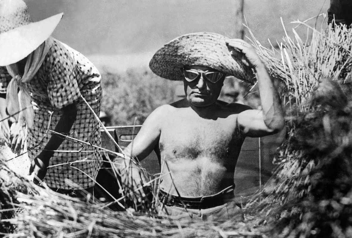 Бенито Муссолини вместе с крестьянами собирает урожай