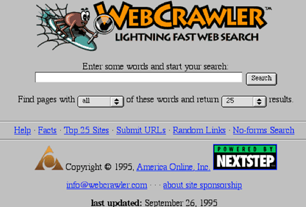Главная страница WebCrawler, сентябрь 1995 года. Изображение: Wikimedia Commons