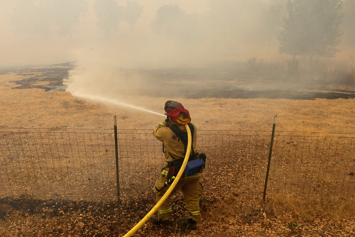 Пожарный Хосе Паналес тушит возгорание в округе Калаверас, сентябрь 2015 года