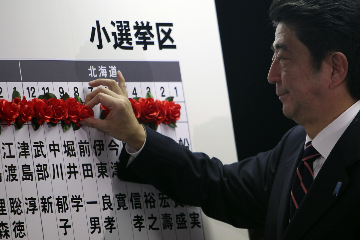 Абэ ведет подсчет избранных в парламент членов партии на выборах в 2012 году