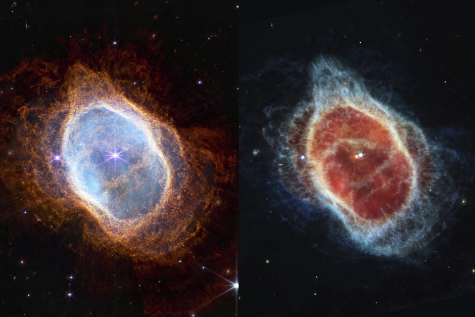 Туманность «Восемь взрывов», также называемая Южным кольцом. Голубой центр в кадре — заряженный электричеством газ, а оранжевые структуры по краям — молекулярный водород. На втором изображении можно разглядеть две умирающие звезды