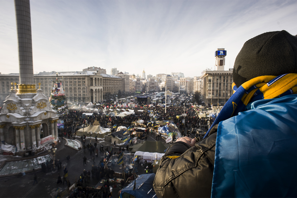 Общий вид на площадь Независимости в центре Киева во время событий Евромайдана, 26 января 2014 года