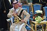 Britain's Prince Charles, wearing a traditional Saudi attire, attends the traditional Saudi dance, known as 'Arda', which was performed during Janadriya culture festival at Der'iya in Riyadh, February 18, 2014. REUTERS/ Fayez Nureldine 