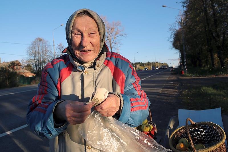 Путешествие из Петербурга в Москву. Трасса М-10. Бабушка продает на обочине свои яблоки