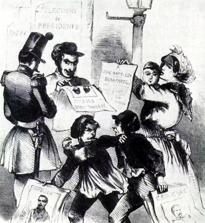 Двое подростков (один за кандидата Луи-Наполеона Бонапарта, другой — за Луи Эжена Кавеньяка) дерутся на улице во время президентской предвыборной кампании 1848 года 