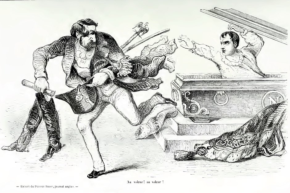 Карикатура на Луи-Наполеона, крадущего треуголку, сапоги и другие вещи Наполеона I из его могилы. Ноябрь 1848 года. Внизу надпись по-французски: Au voleur! (в переводе: «Держи вора!»)