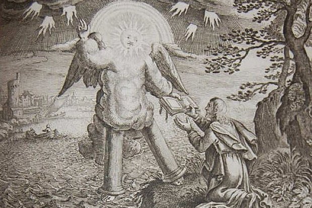 Ангел с «лицом как солнце и ногами как столпы огненные» принес книгу Иоанну Богослову, гравюра из Библии Пискатора. Иллюстрация: Wikimedia Сommons
