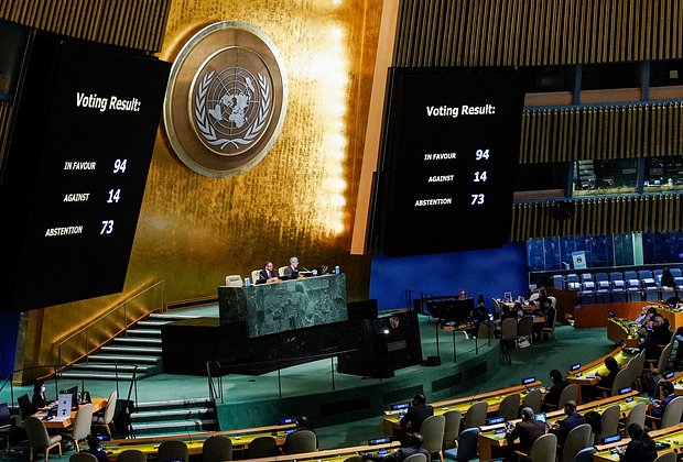 Итоги голосования Генассамблеи ООН по резолюции о репарациях для Украины. Нью-Йорк, 14 ноября 2022 года. Фото: Eduardo Munoz / Reuters