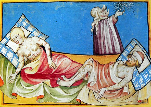 Миниатюра, изображающая пару, страдающую от Черной смерти в Средние века. 1411 год