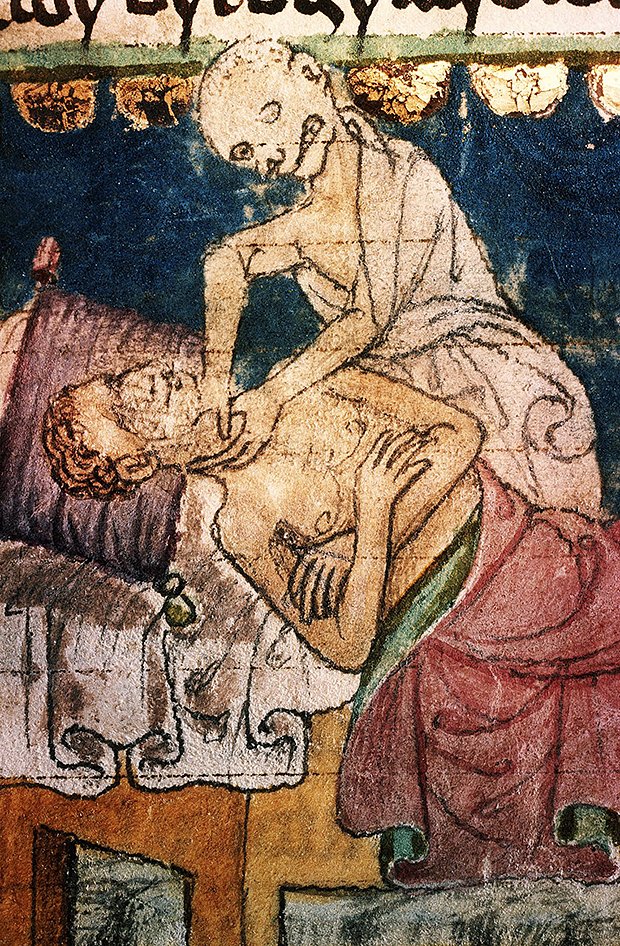 Смерть душит жертву чумы, XIV век