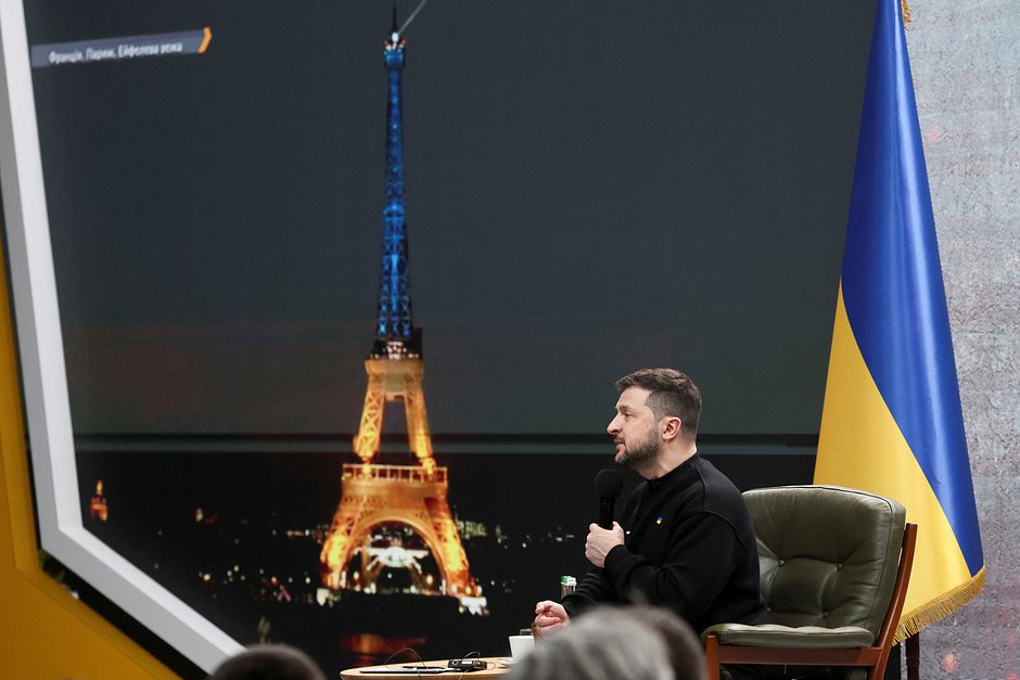 Президент Украины Владимир Зеленский на пресс-конференции в Киеве, 24 февраля 2023 года