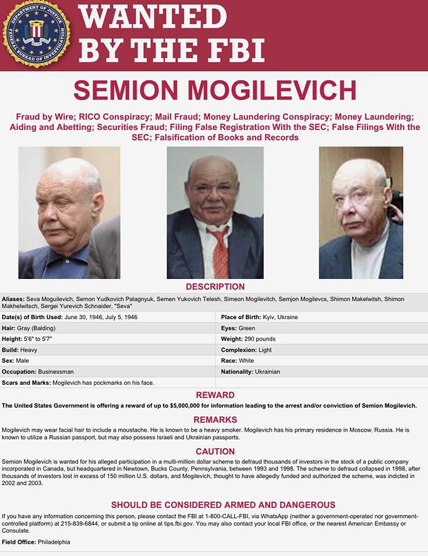 Объявление ФБР о розыске Семена Могилевича