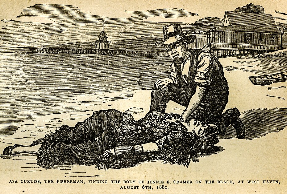 Американская гравюра: рыбак Аза Кертис нашел на берегу реки тело мертвой Дженни Крамер, события 6 августа 1881 года