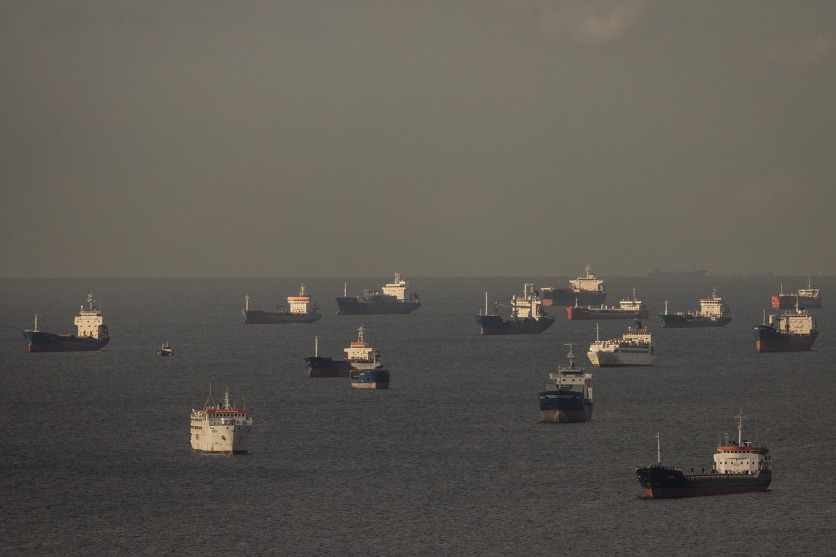 Сухогрузы, в том числе перевозящие украинское зерно, стоят на якоре у берегов Стамбула в ожидании инспекций, 14 октября 2022 года