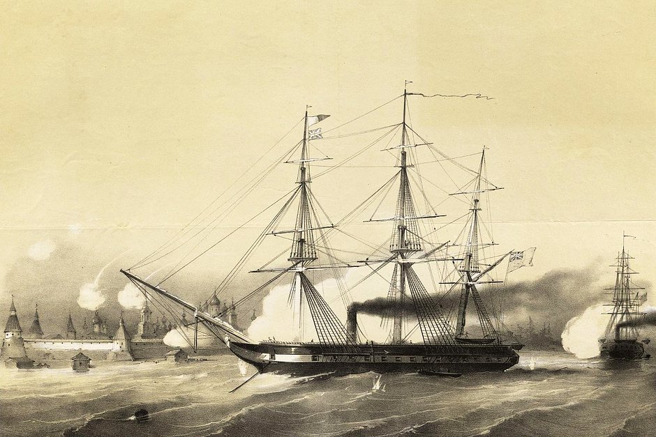 Литография Александра Мюнстера «Бомбардирование Соловецкого монастыря двумя английскими пароходами 6-го и 7-го июля 1854 года»